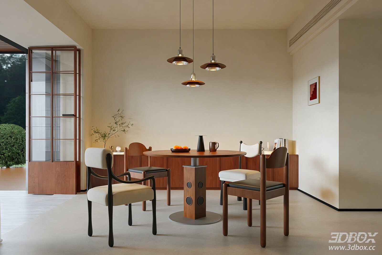 Mid Century Modern Dining Room with Round Table and Chairs 3D model - front view