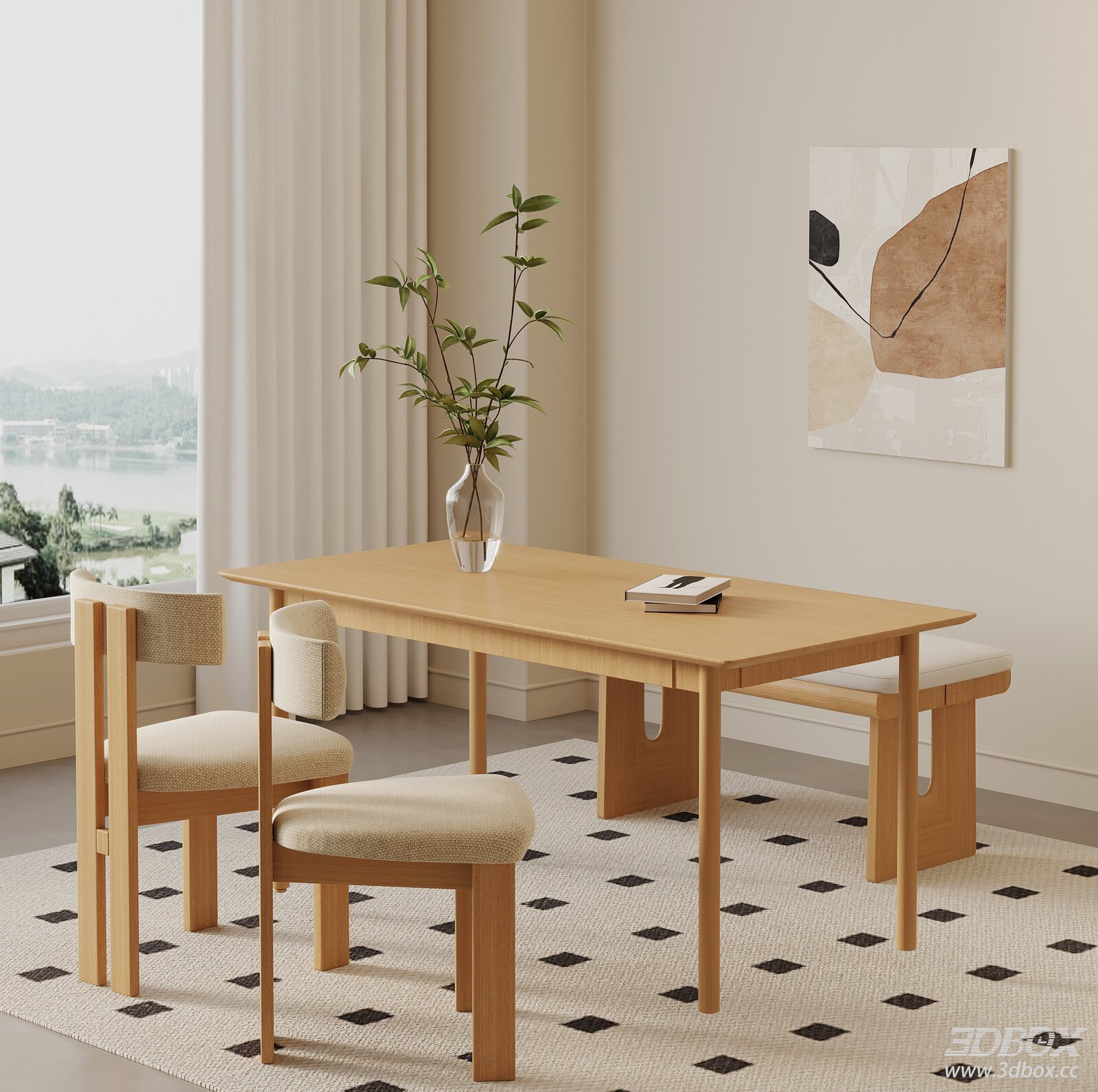 Modern Cream Style Wooden Dining Table Set 3D model - front view