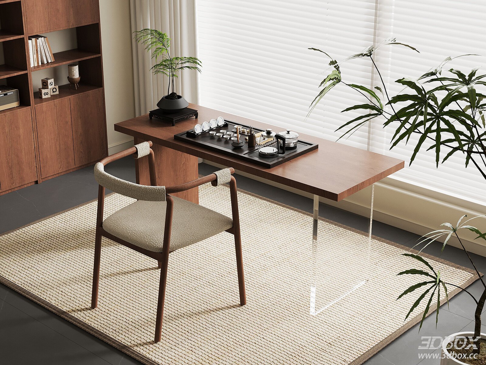 Mid Century Modern Tea Table Set with Chair and Tea Utensils 3D model - front view