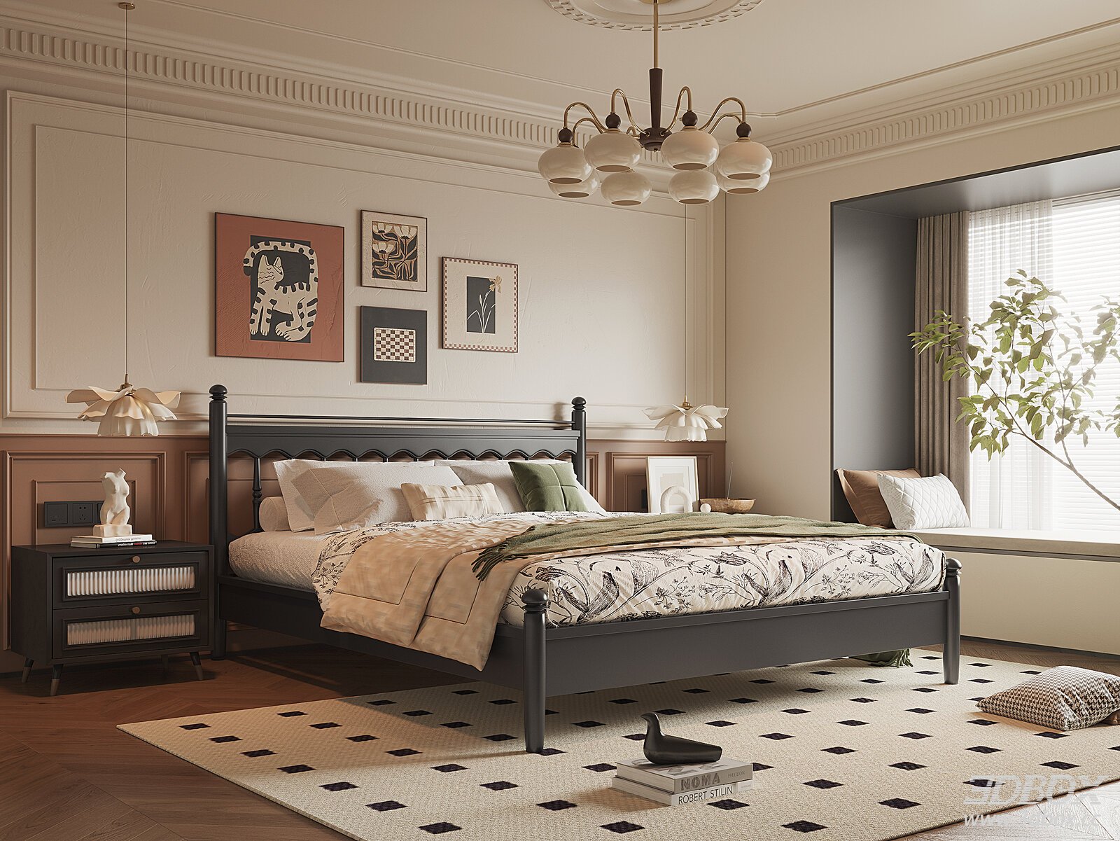 French Vintage Classic Style Bedroom Interior Scene 3D model - front view