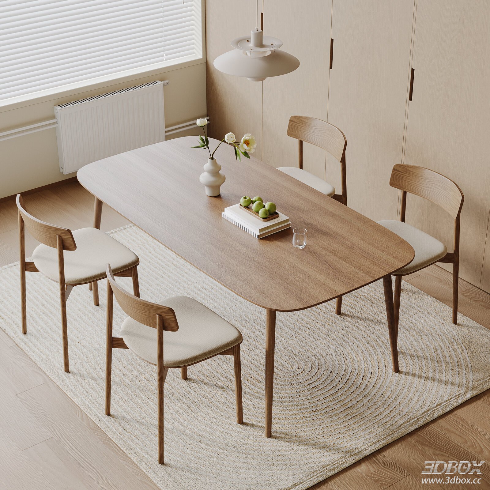 Nordic Wooden Dining Table and Chairs Set 3D model - front view