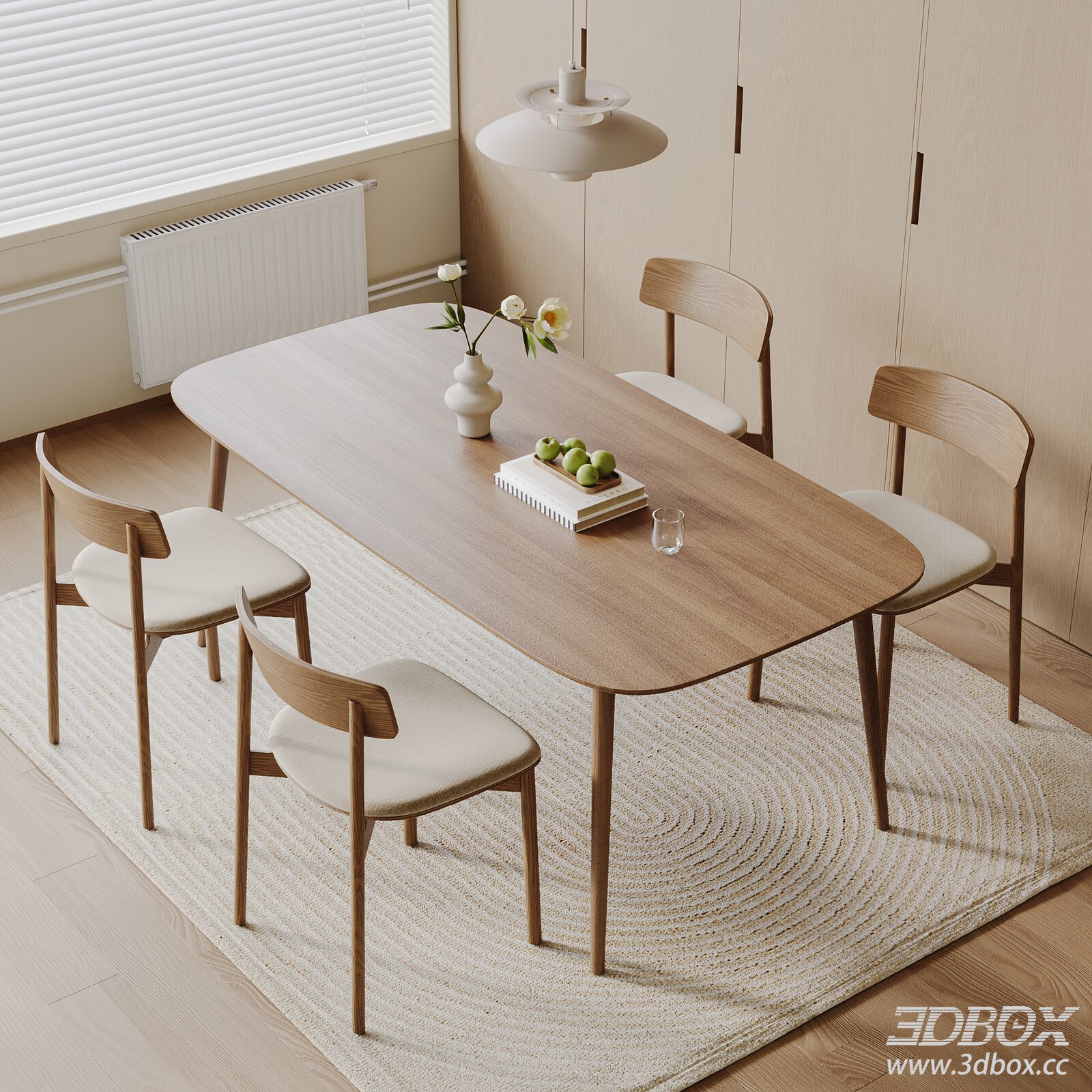 Nordic Wooden Dining Table and Chairs Set 3D model - thumbnail 1