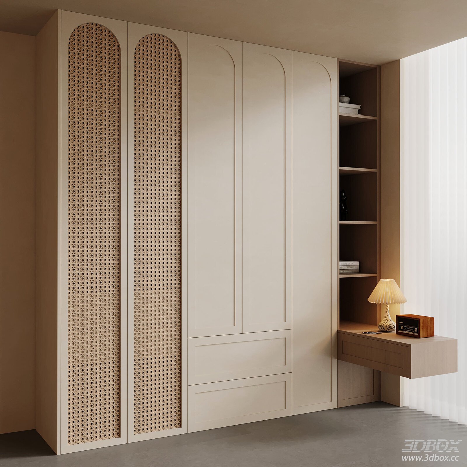 Mid Century Wabi Sabi Rattan Wardrobe with Floating Desk 3D model - front view