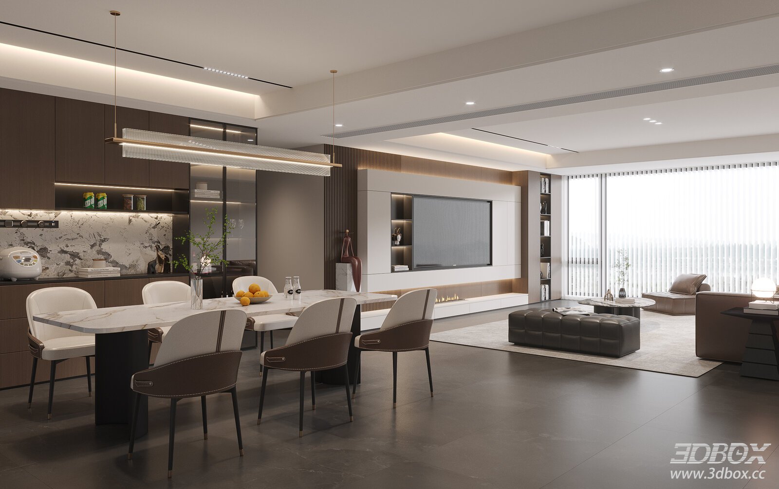 Modern Italian Style Living and Dining Room Interior 3D model - front view
