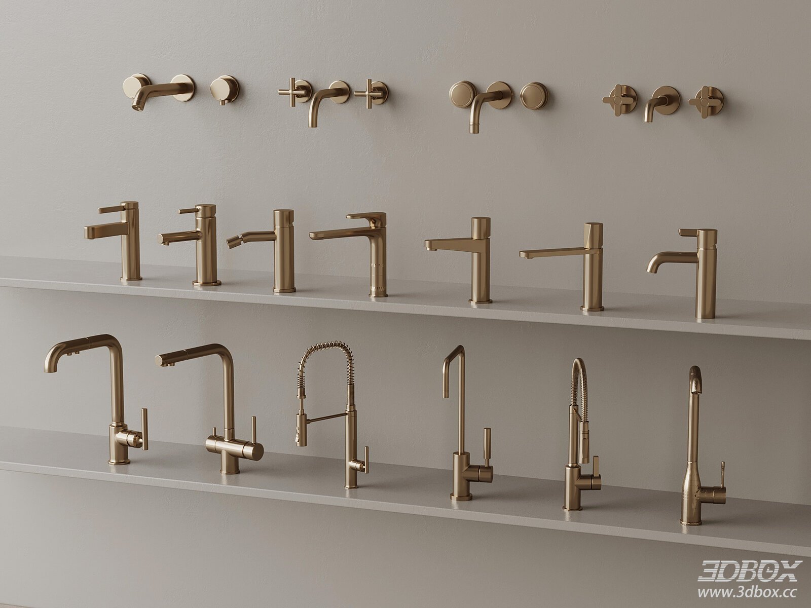 Modern Brass Gold Faucet Set 3D model - front view