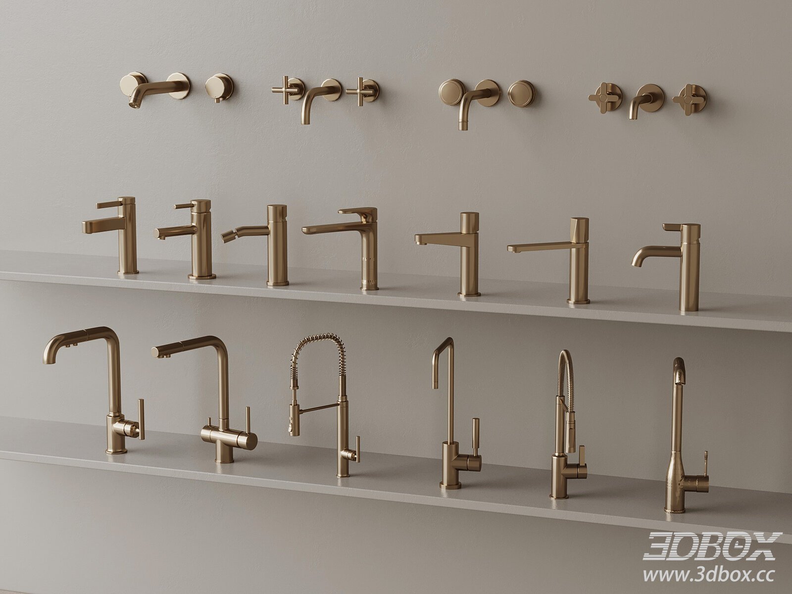 Modern Brass Gold Faucet Set 3D model - thumbnail 1
