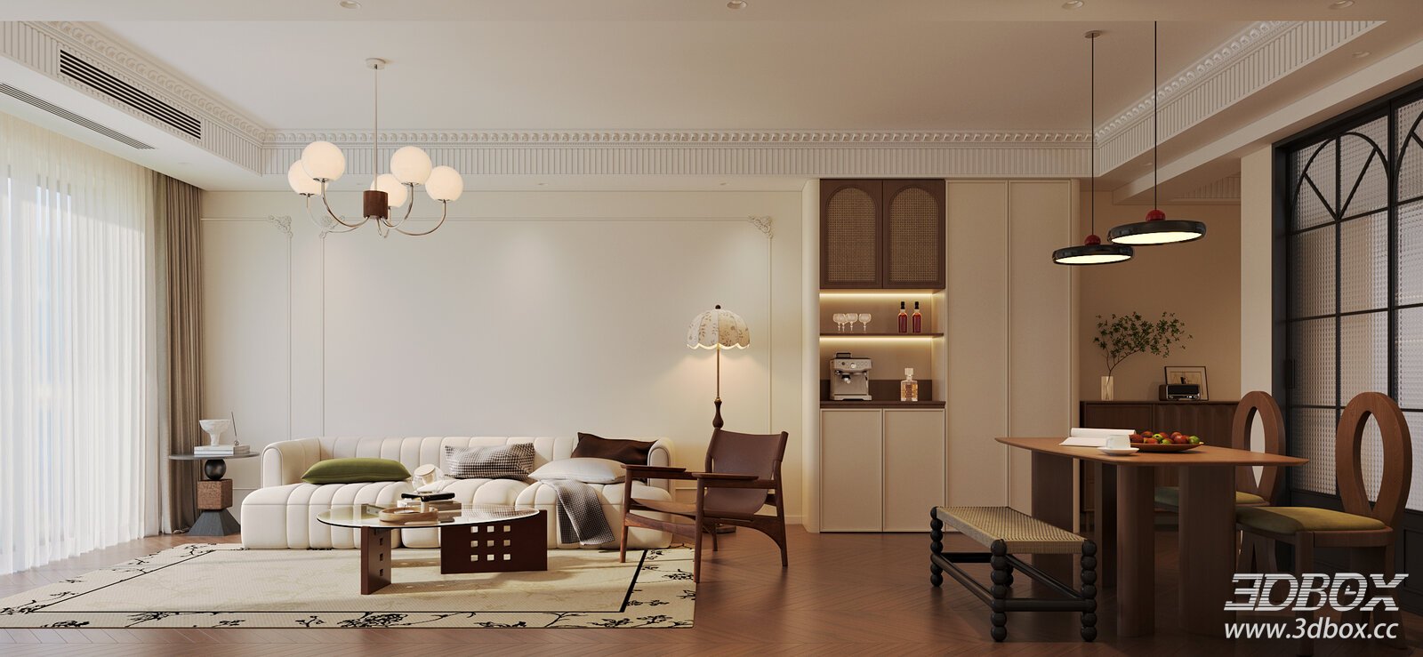 French Style Living and Dining Room Interior 3D model - front view