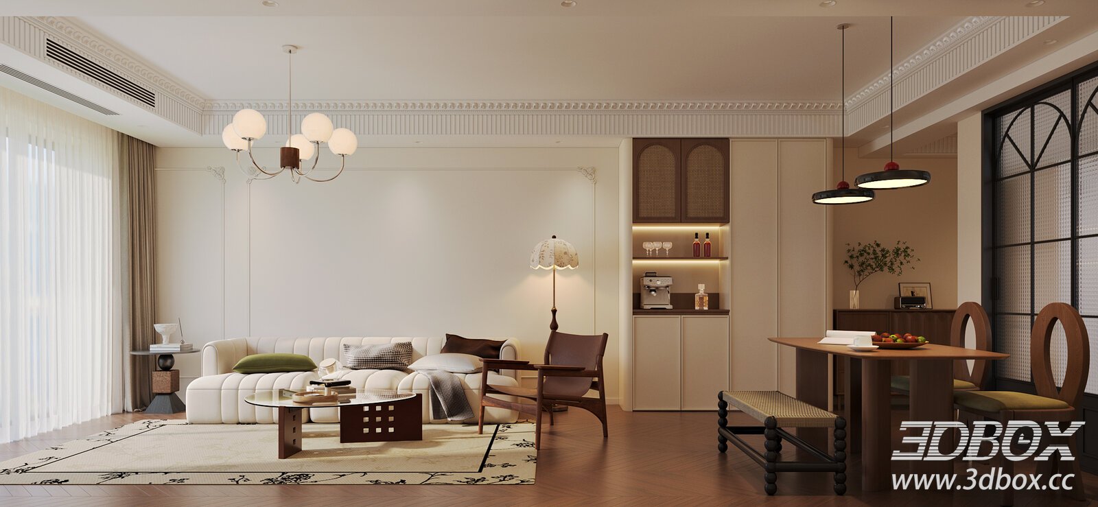 French Style Living and Dining Room Interior 3D model - thumbnail 1