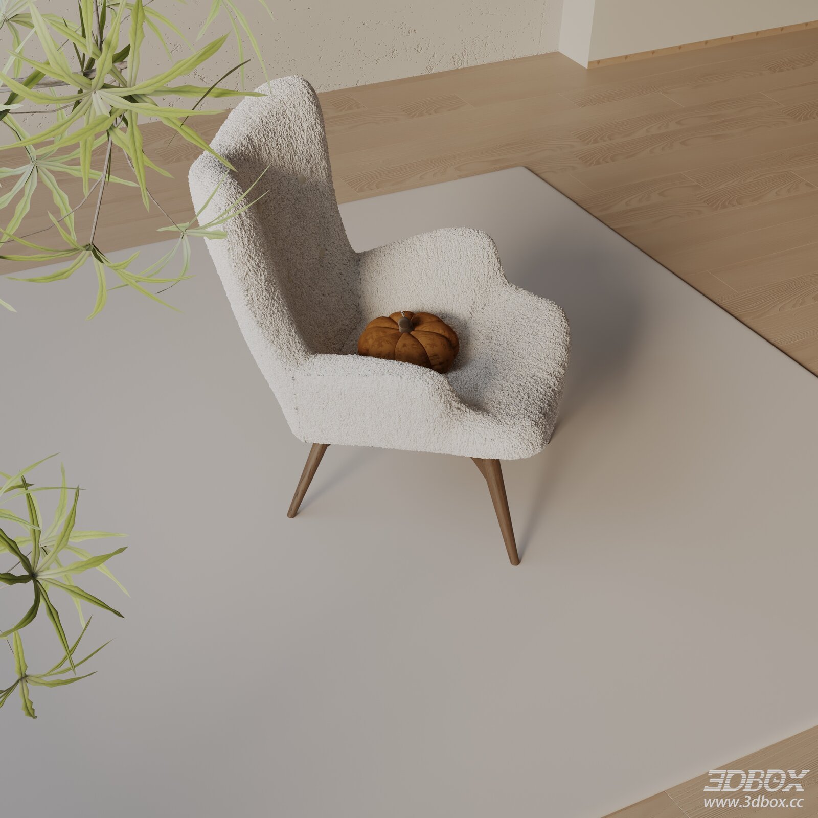 Modern Boucle Fabric Accent Armchair with Wooden Legs 3D model - front view