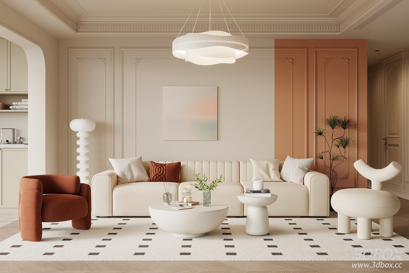 Modern Cream Style Living Room Sofa and Coffee Table Set 3D model - front view