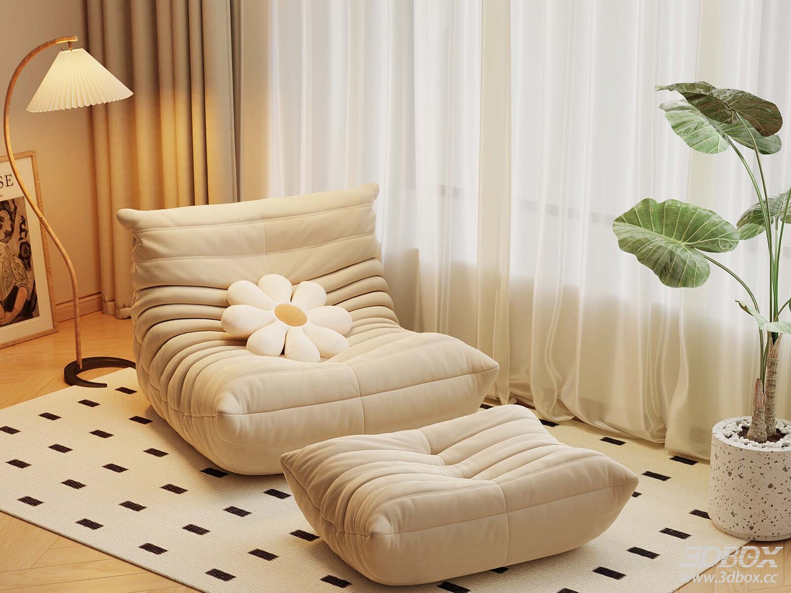 Cream Style Lazy Single Sofa with Footstool 3D model - front view