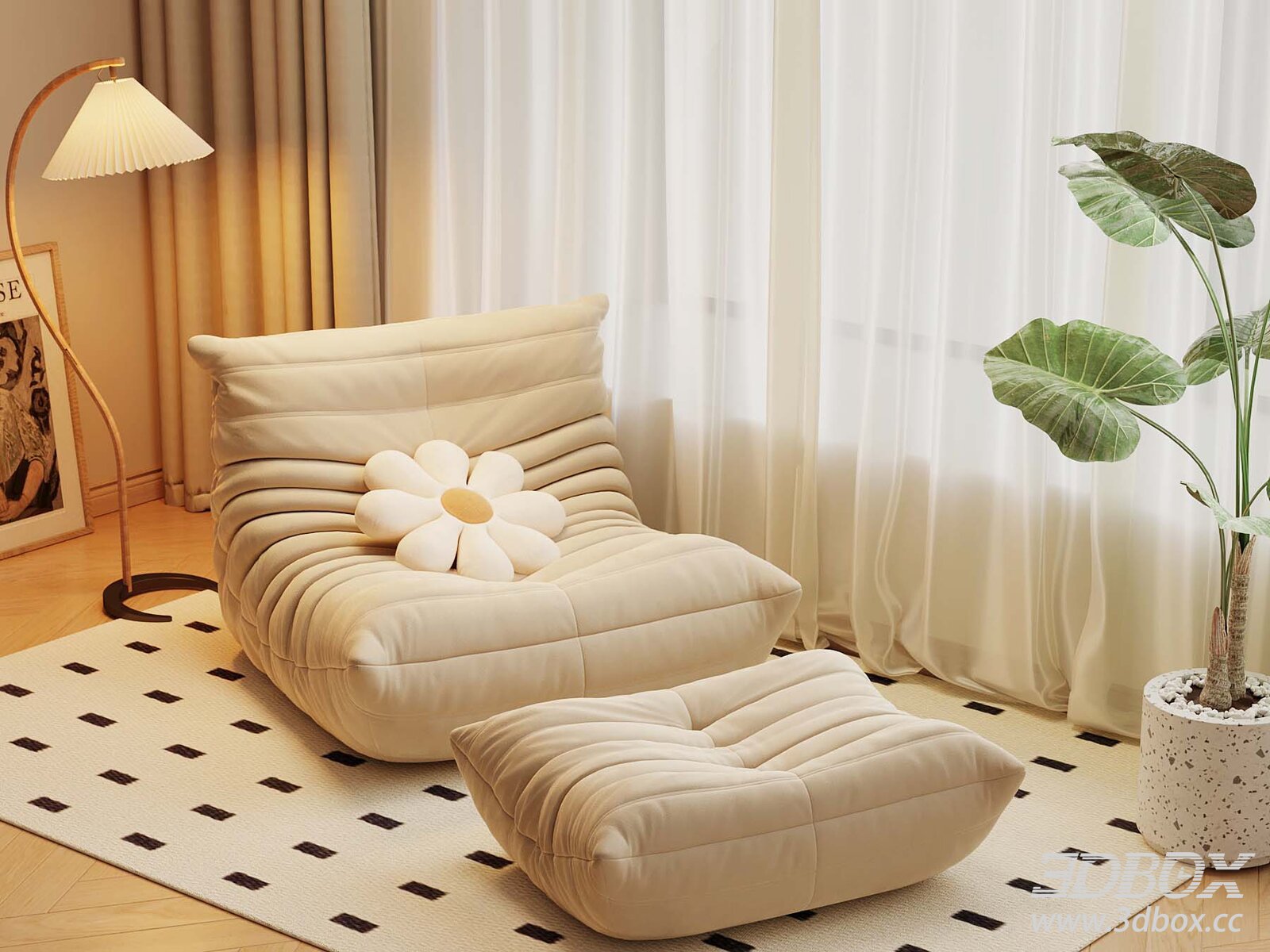 Cream Style Lazy Single Sofa with Footstool 3D model - thumbnail 1