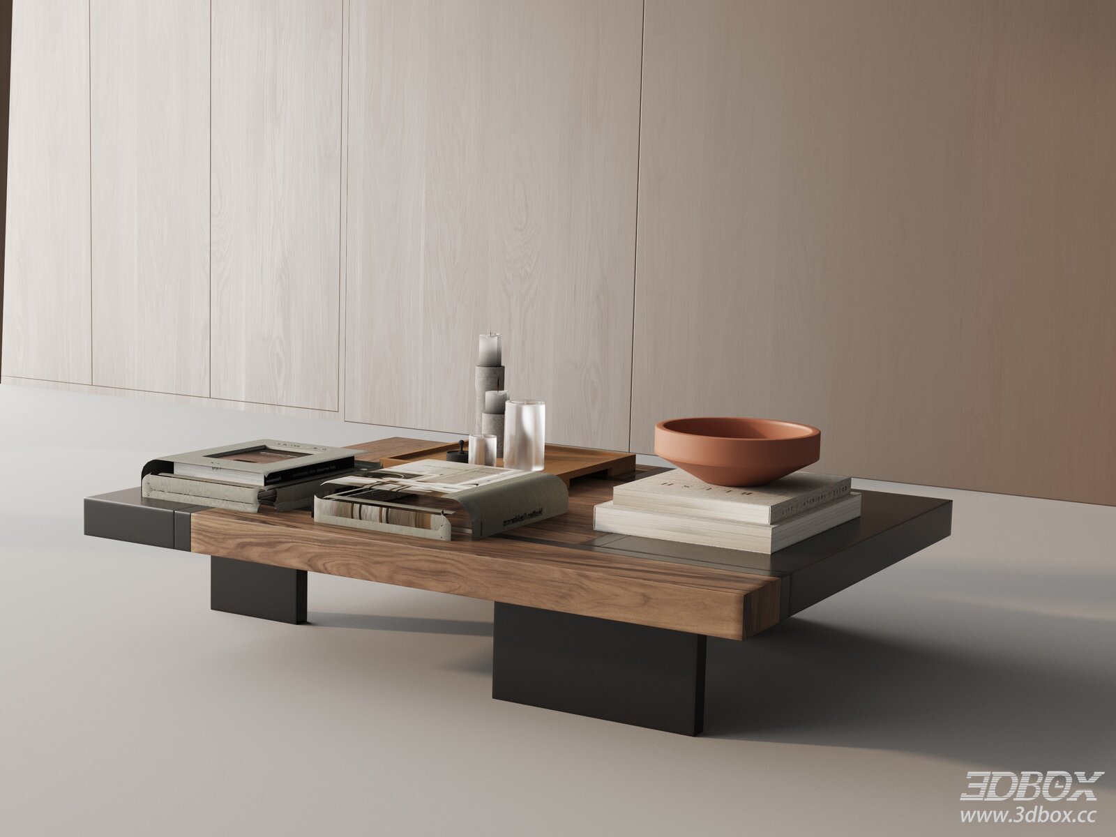 Modern Minimalist Wooden Coffee Table with Decor 3D model - front view