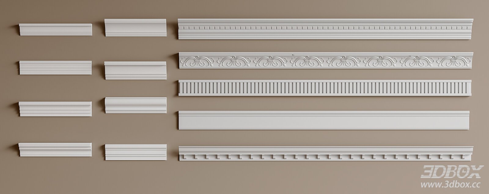 Classic European Plaster Molding Skirting Board Set 3D model - front view