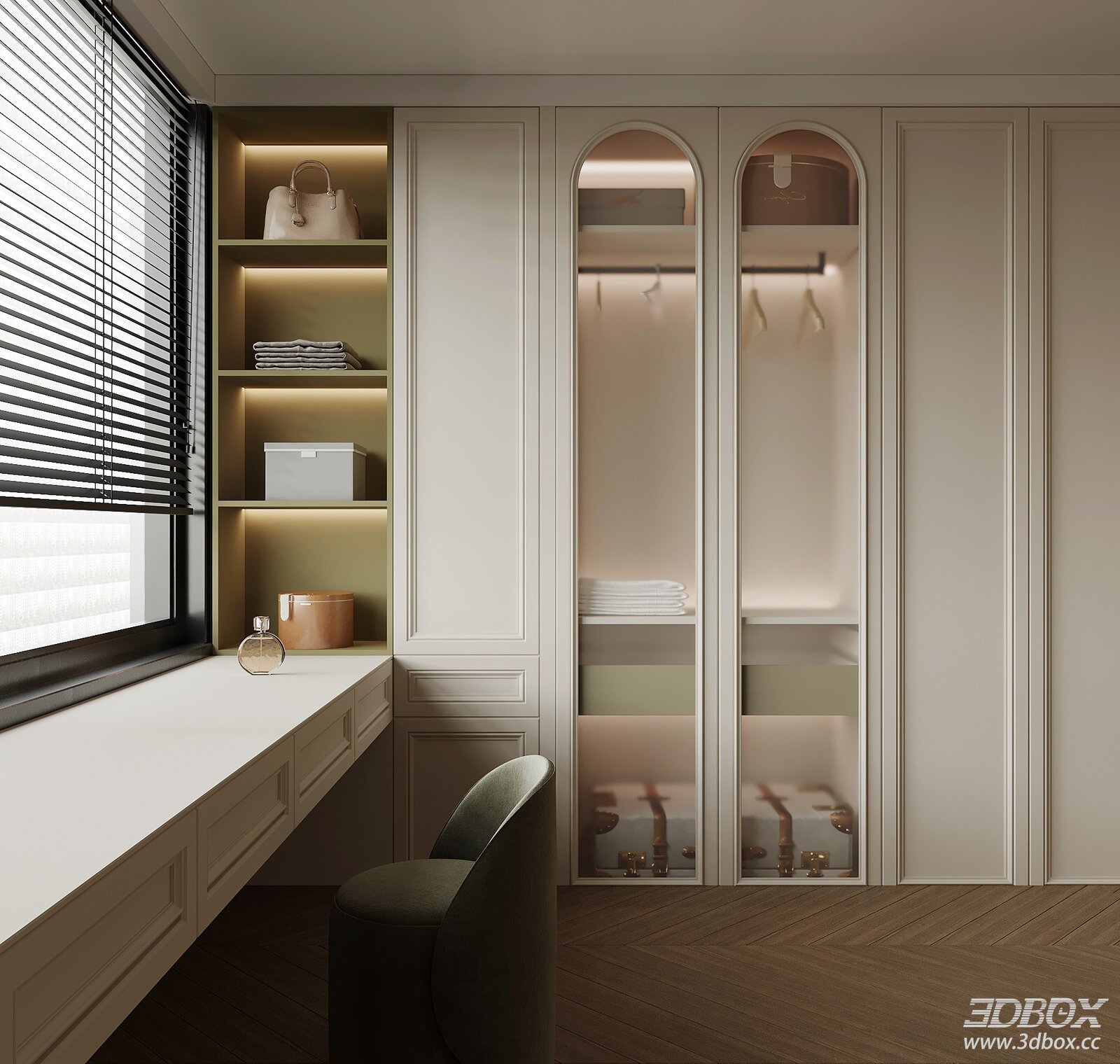 French Style Wardrobe with Built-in Dressing Desk 3D model - front view