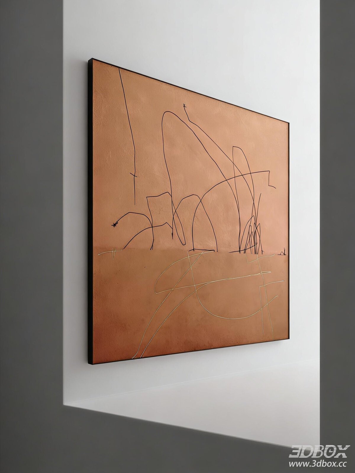 Abstract Framed Wall Art with Copper Texture and Line Drawing 3D model - front view