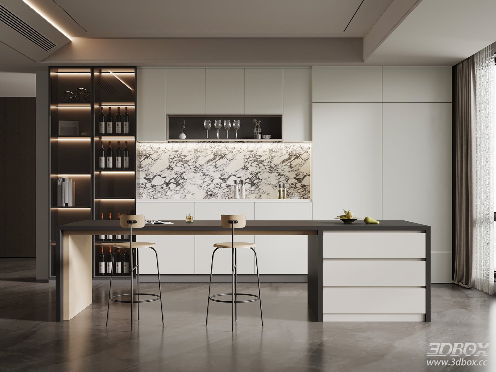 Modern Minimalist Kitchen Dining Scene with Island Wine Cabinet Bar Stools 3D model - front view