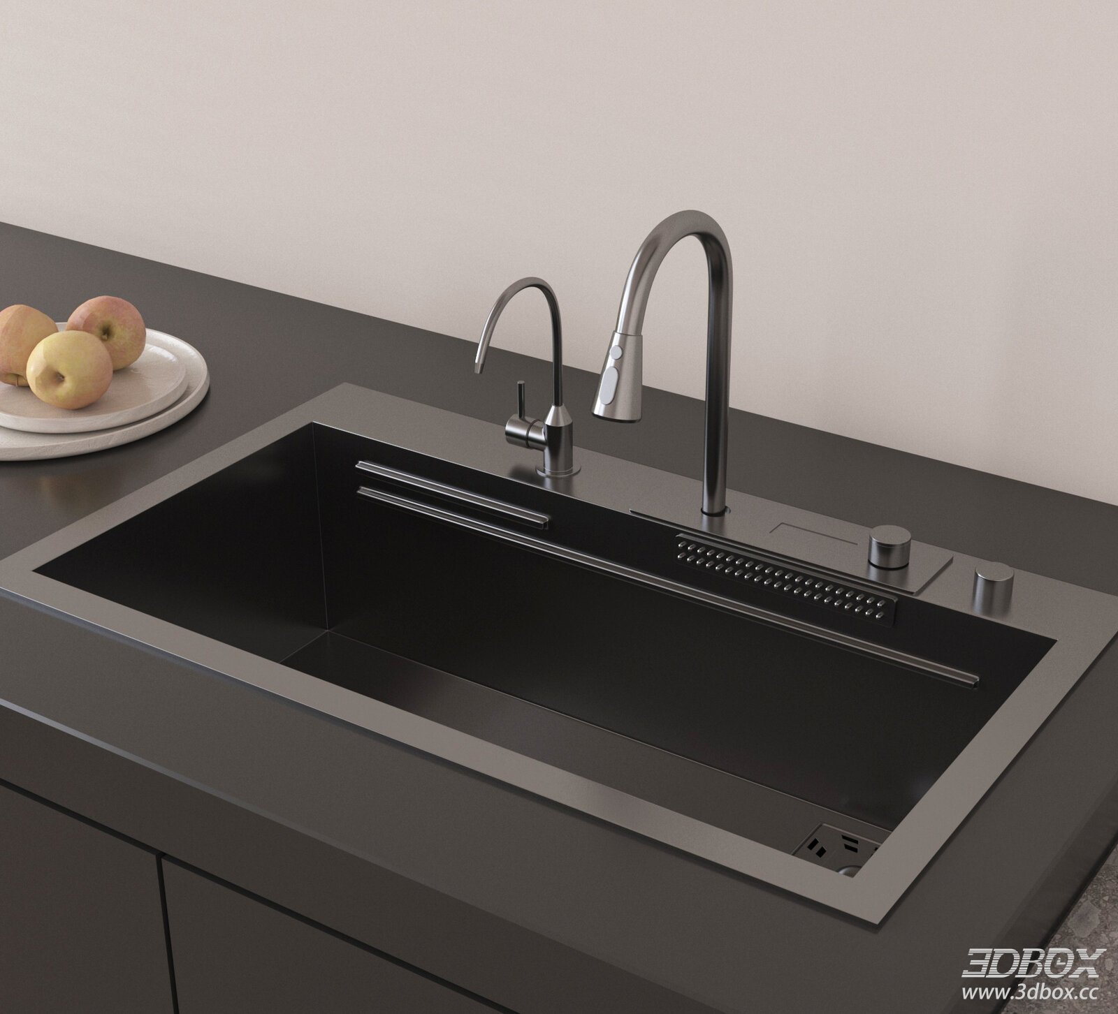 Modern Black Stainless Steel Kitchen Sink with Faucet 3D model - front view