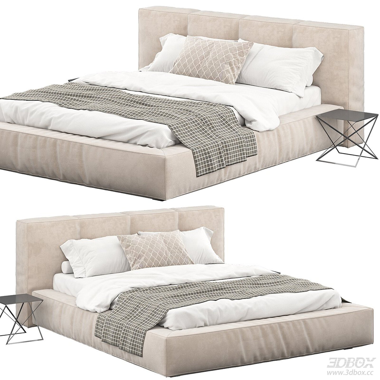 Modern Upholstered Double Bed with Bedding Set 3D model - front view