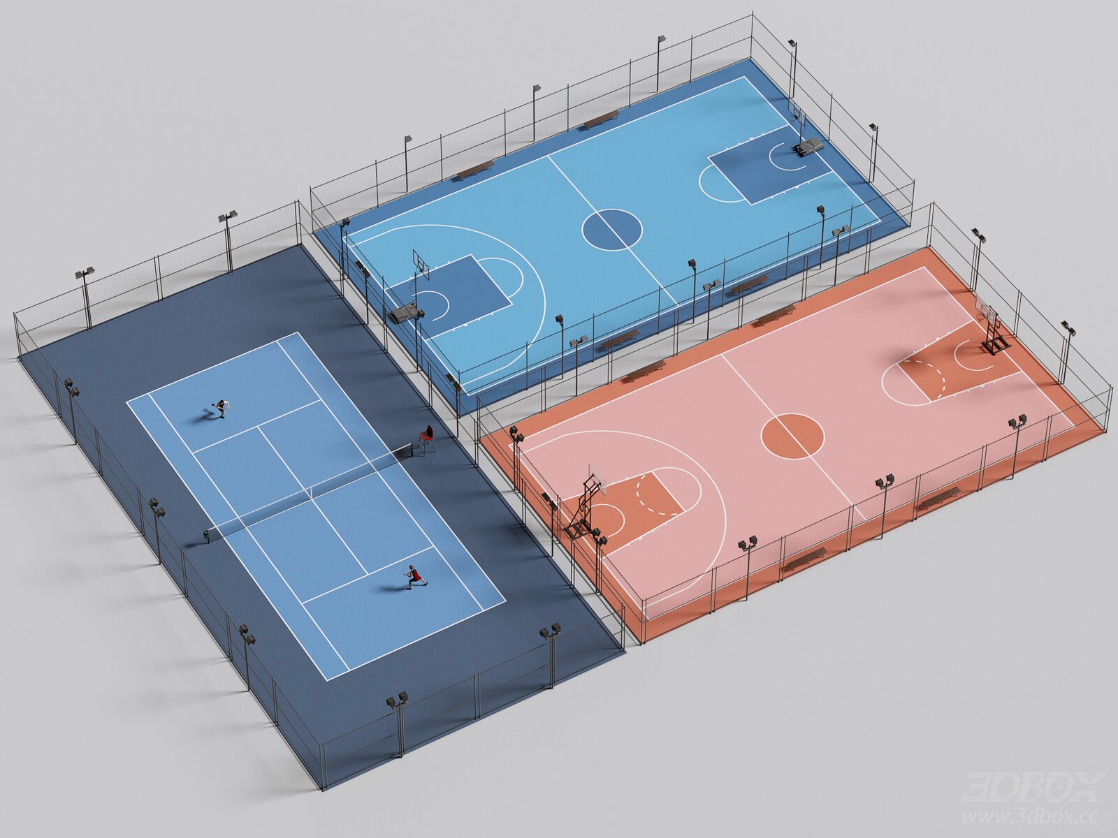 Modern Outdoor Basketball and Tennis Sports Court Set 3D model - front view