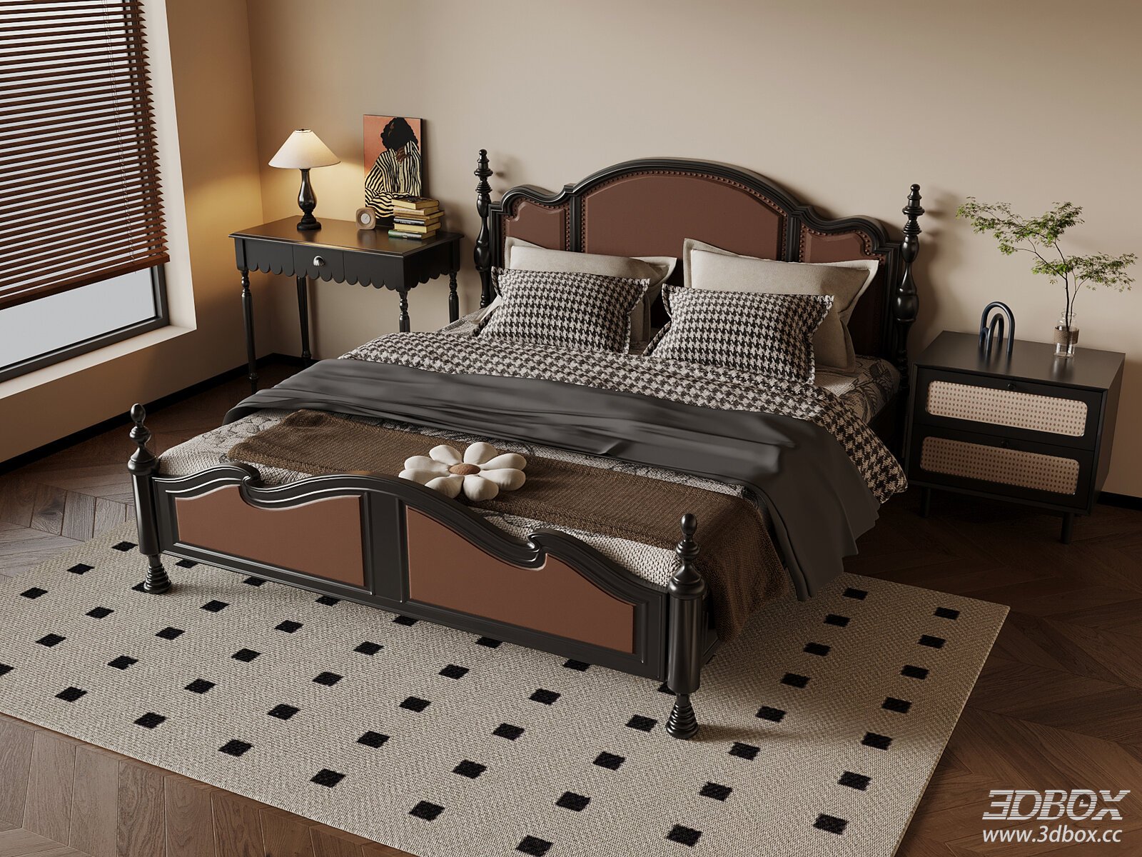 French Style Bedroom With Double Bed Nightstands and Desk 3D model - front view