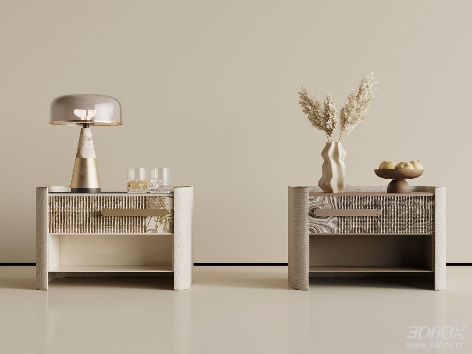 Modern Luxury Italian Style Bedside Side Table Set 3D model - front view
