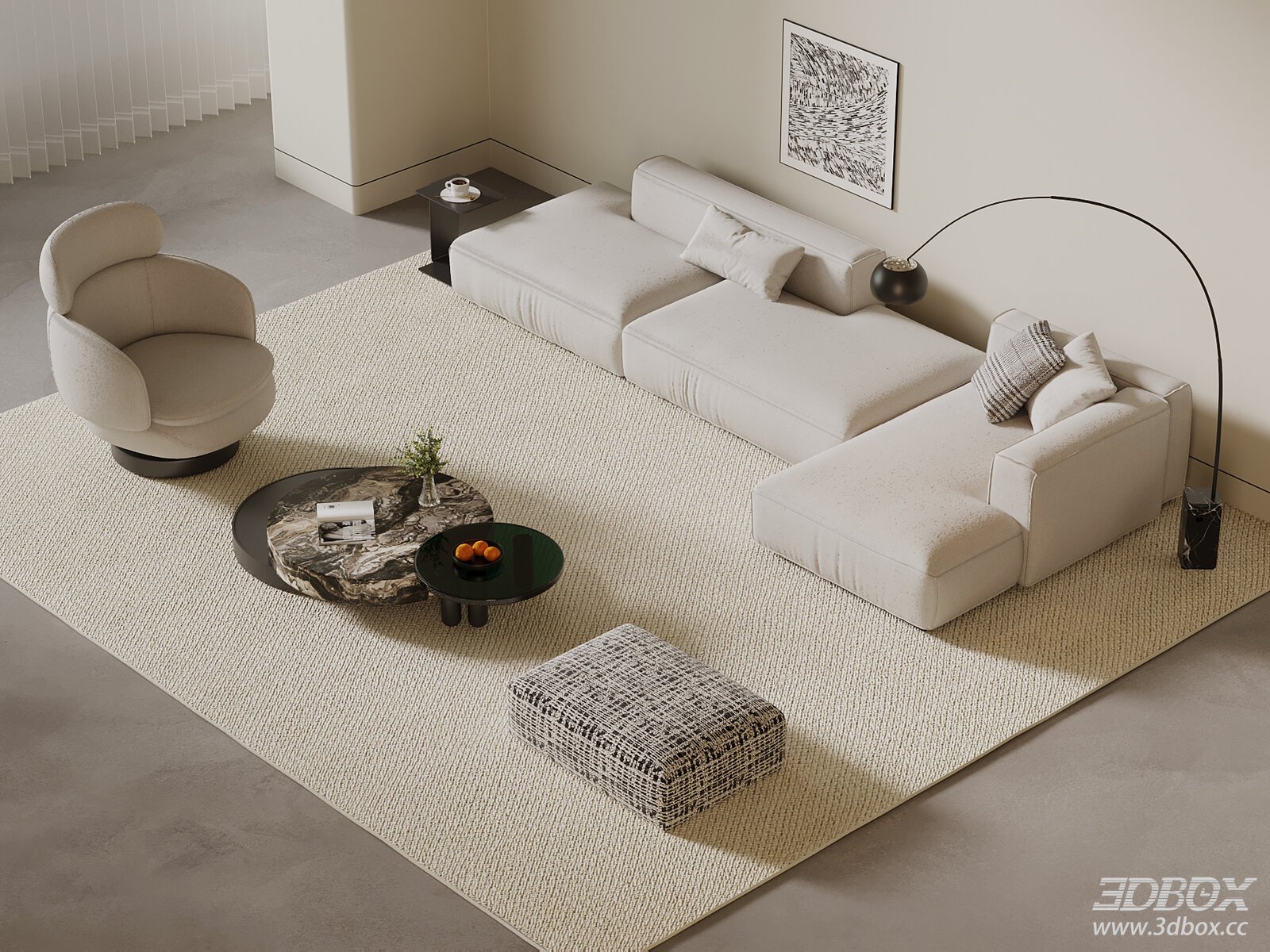 Modern Minimalist Fabric Sofa Set with Coffee Tables 3D model - front view