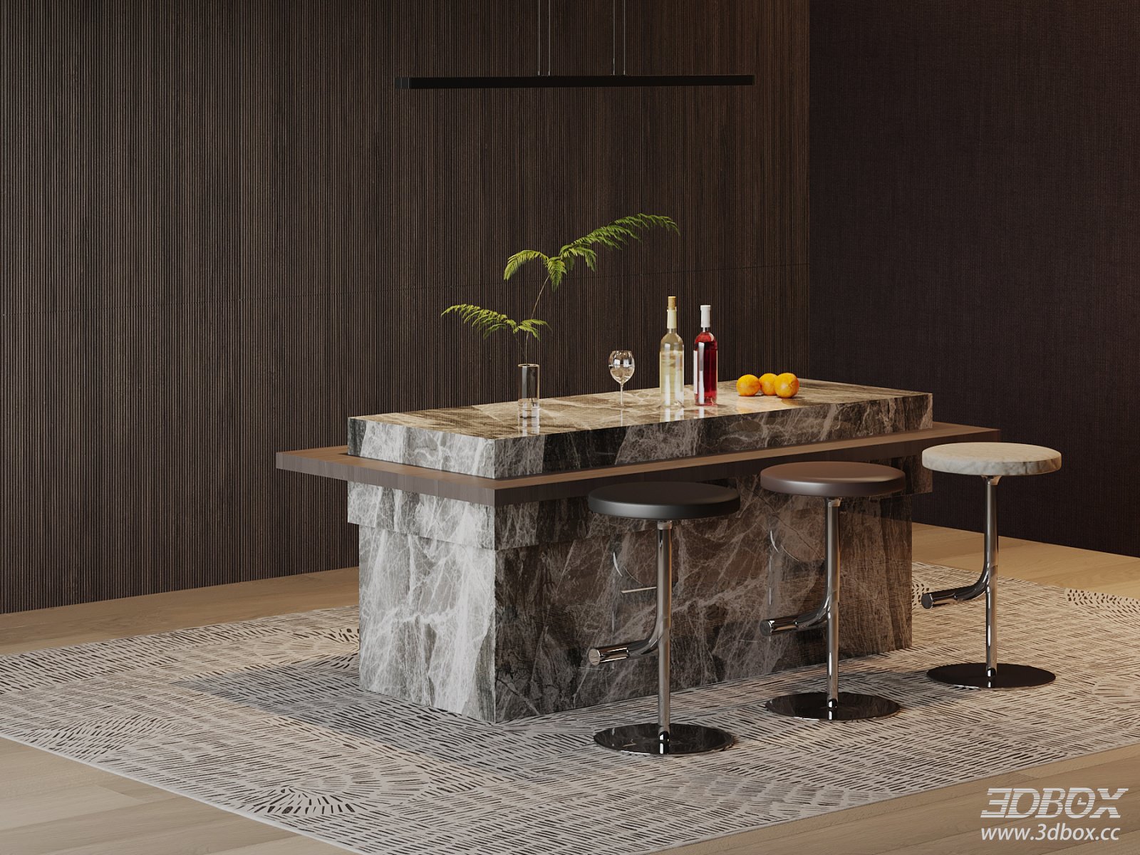 Modern Marble Bar Counter with Bar Stools 3D model - front view