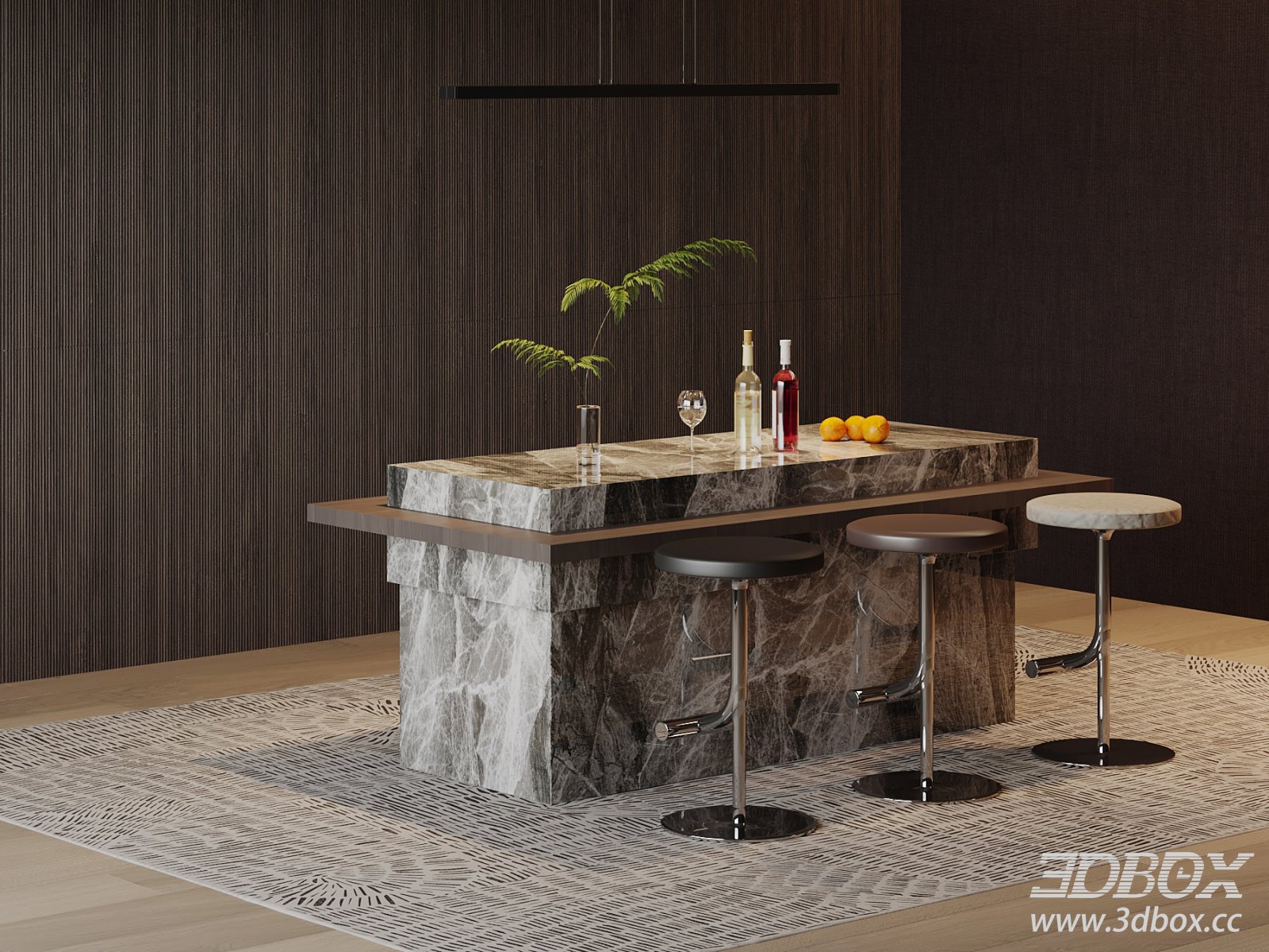Modern Marble Bar Counter with Bar Stools 3D model - thumbnail 1