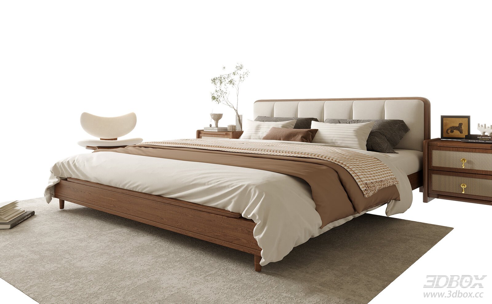 Modern Upholstered Wooden Double Bed Set 3D model - thumbnail 1