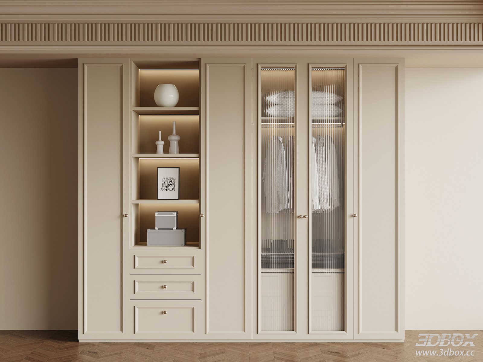 French Cream Style Wardrobe with Glass Doors and Built-in Lighting 3D model - front view