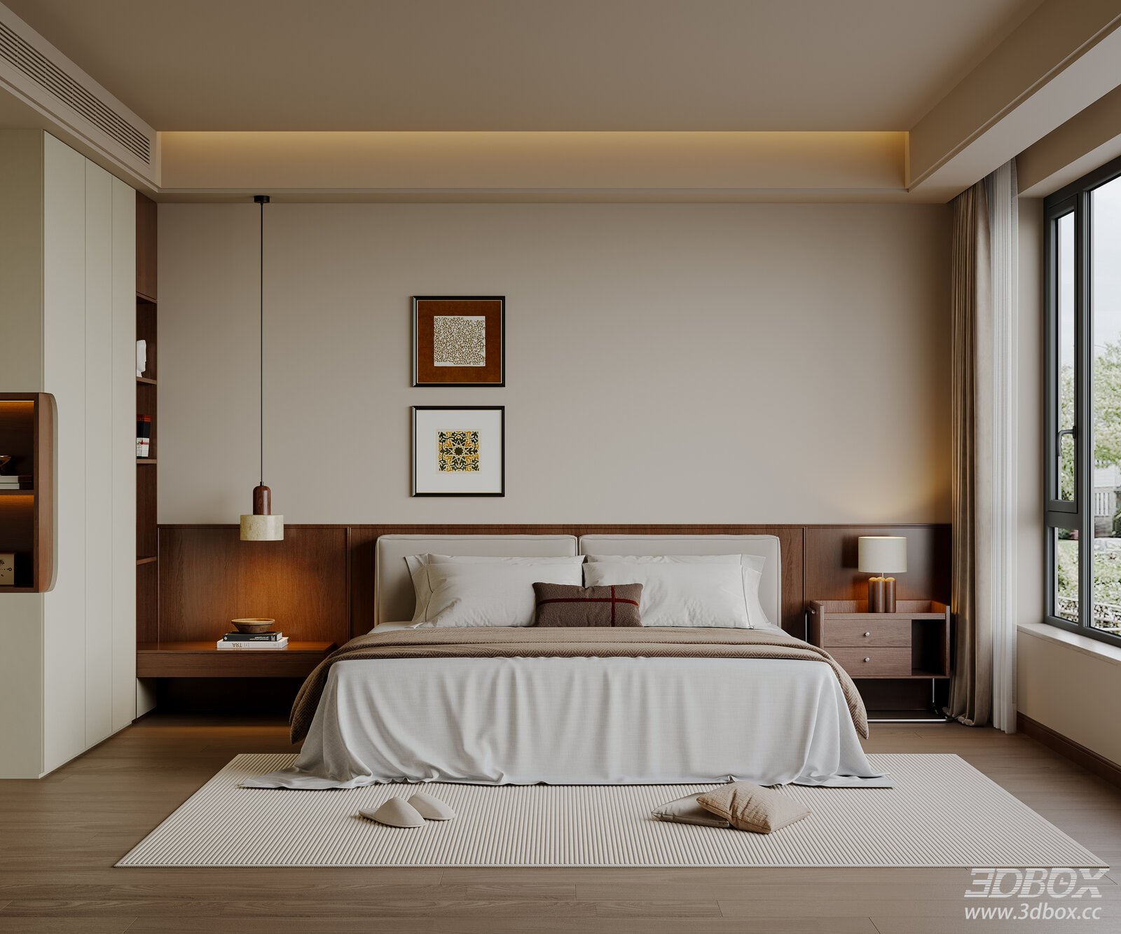 Mid-Century Modern Bedroom with Fabric Double Bed 3D model - front view