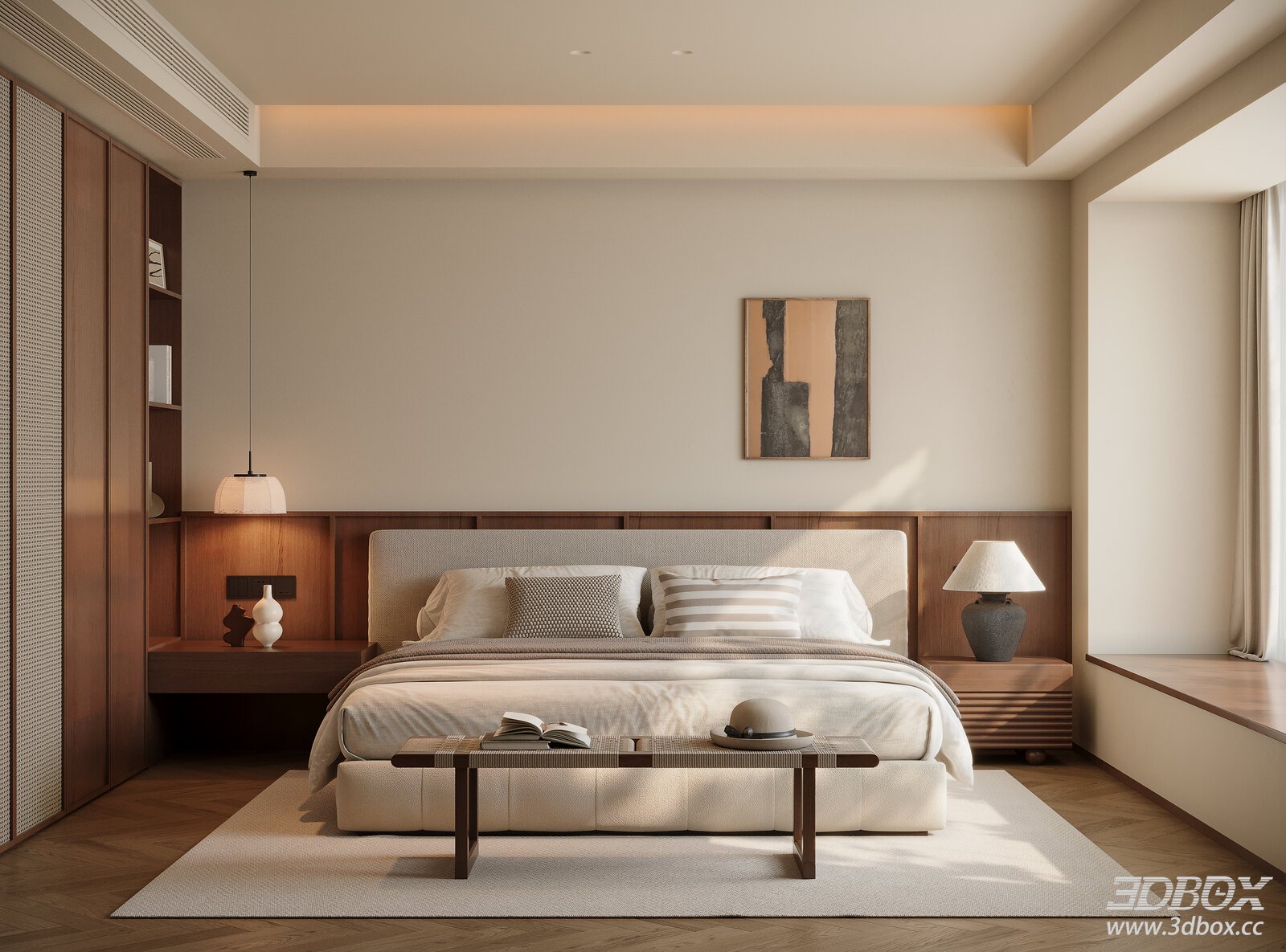 Modern Vintage Cream Tone Bedroom Interior Scene 3D model - front view