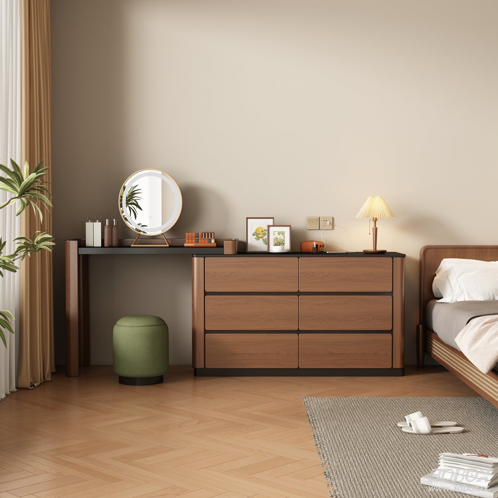 Mid Century Modern Walnut Dressing Table with Dresser Set 3D model - front view