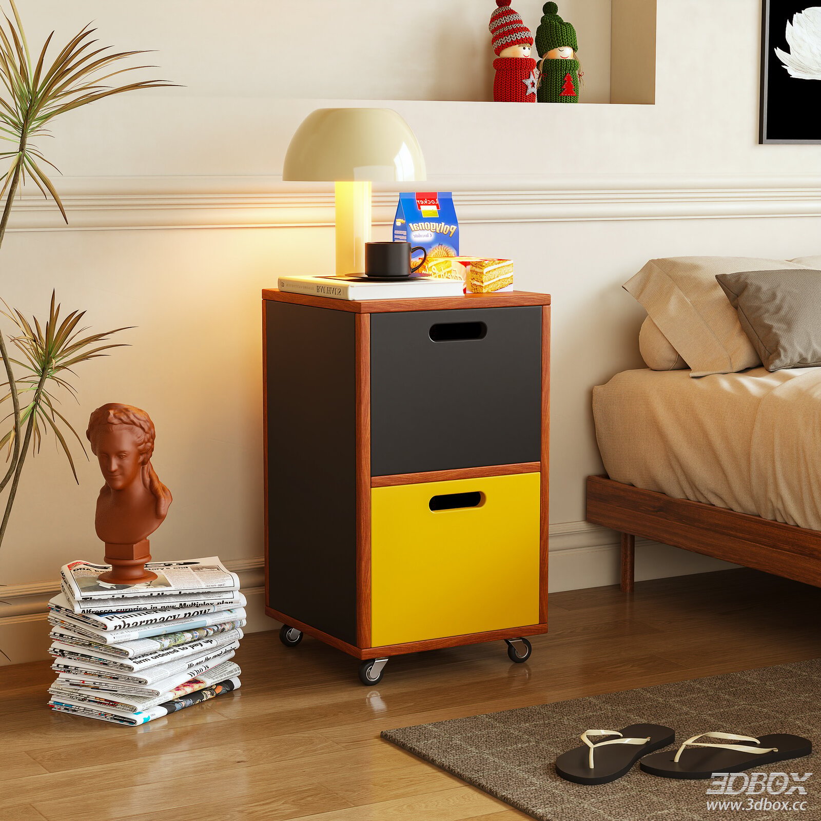 Mid-century mobile bedside cabinet with drawers 3D model - front view