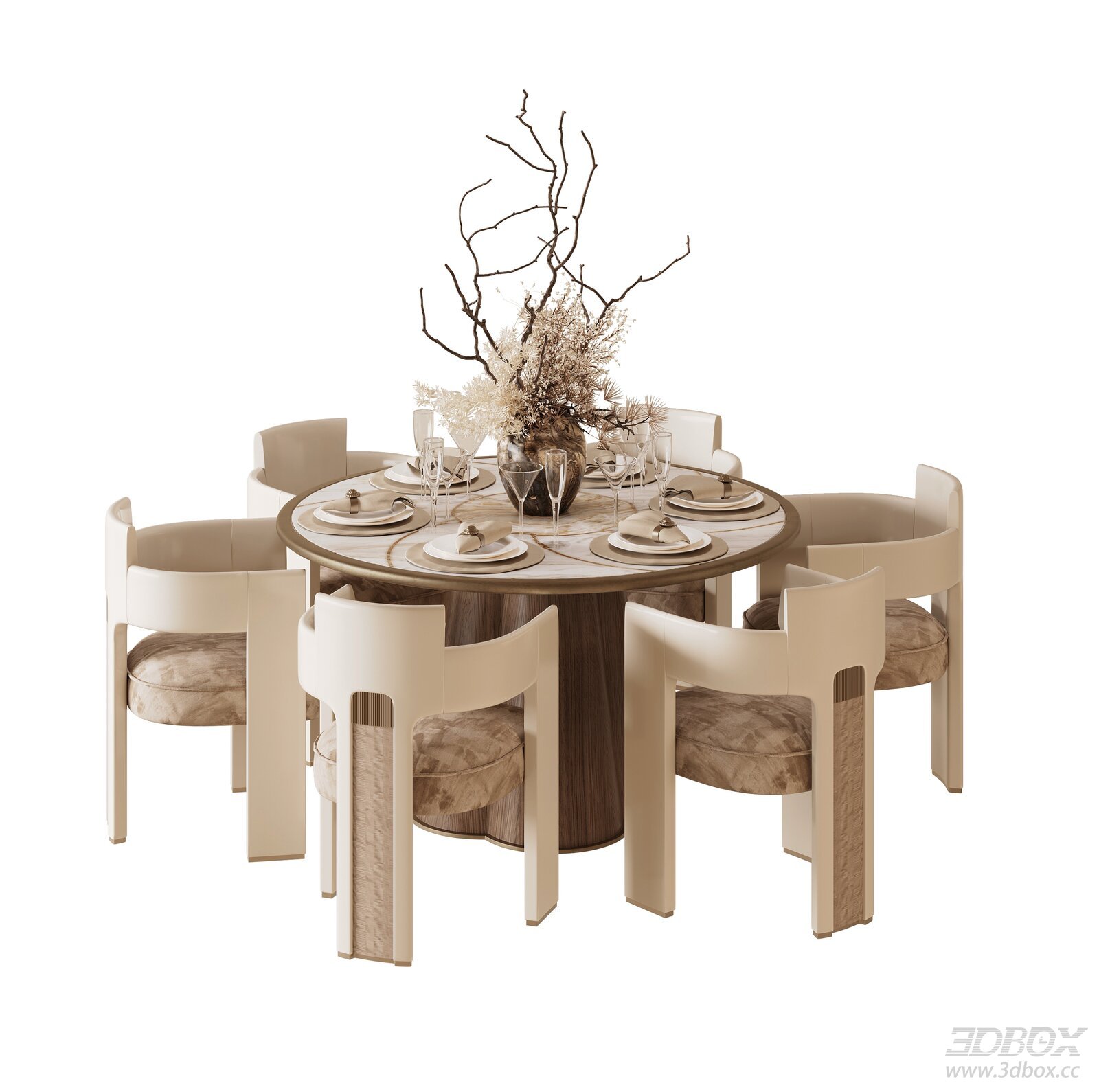 Modern Luxury Round Dining Table and Chairs Set 3D model - front view