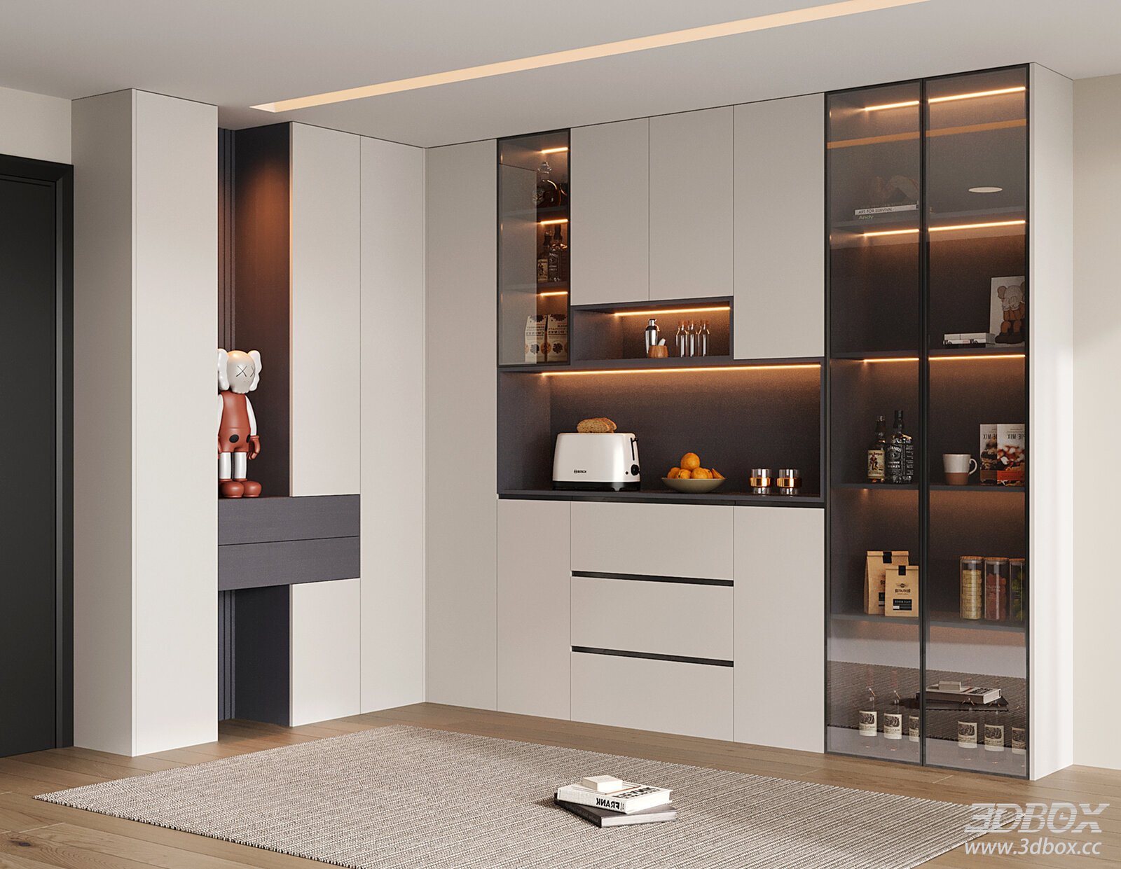 Modern Integrated Shoe and Wine Cabinet with Glass Door 3D model - front view