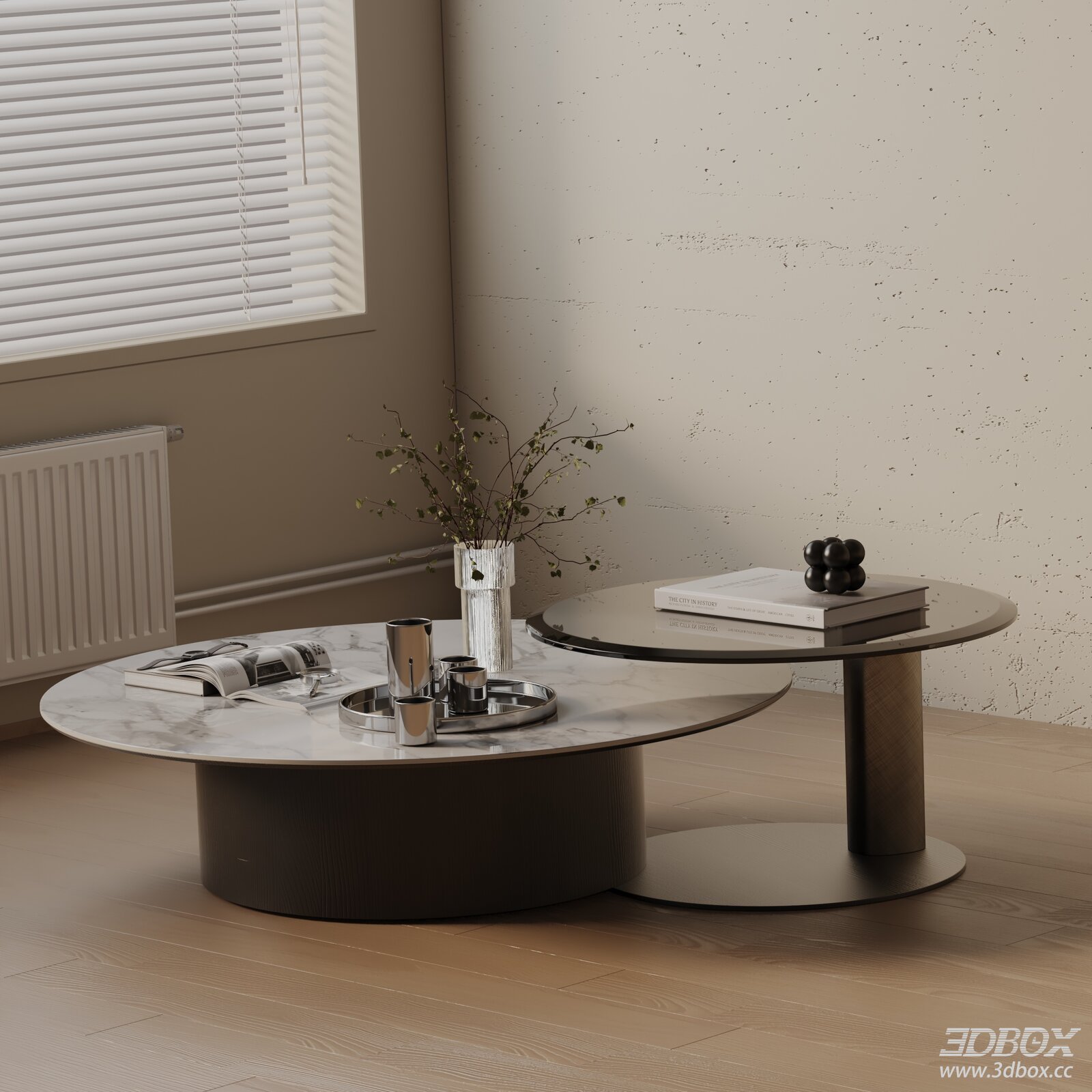 Modern Round Marble Glass Coffee Table Set 3D model - front view