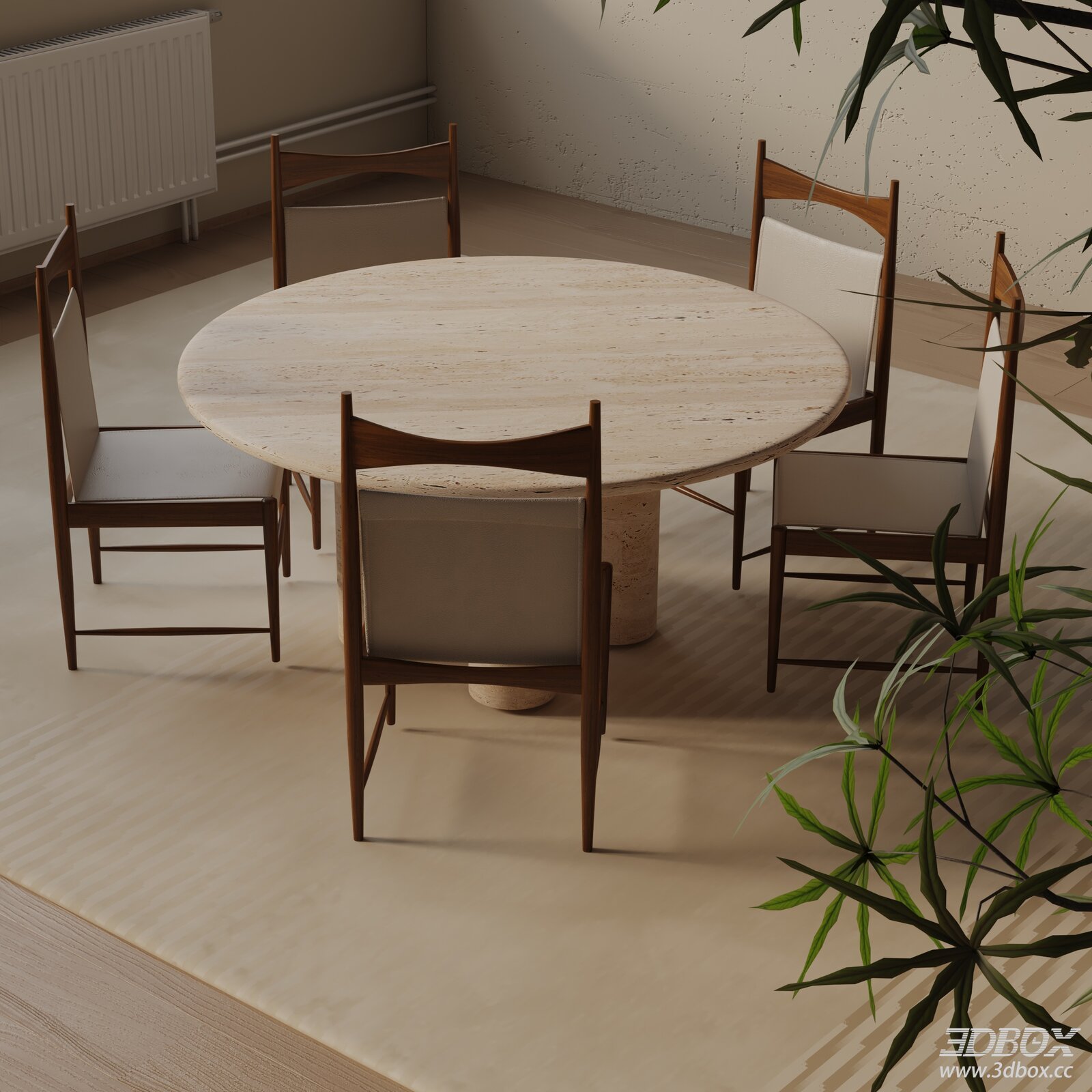 Modern Round Travertine Dining Table with Wooden Chairs Set 3D model - front view
