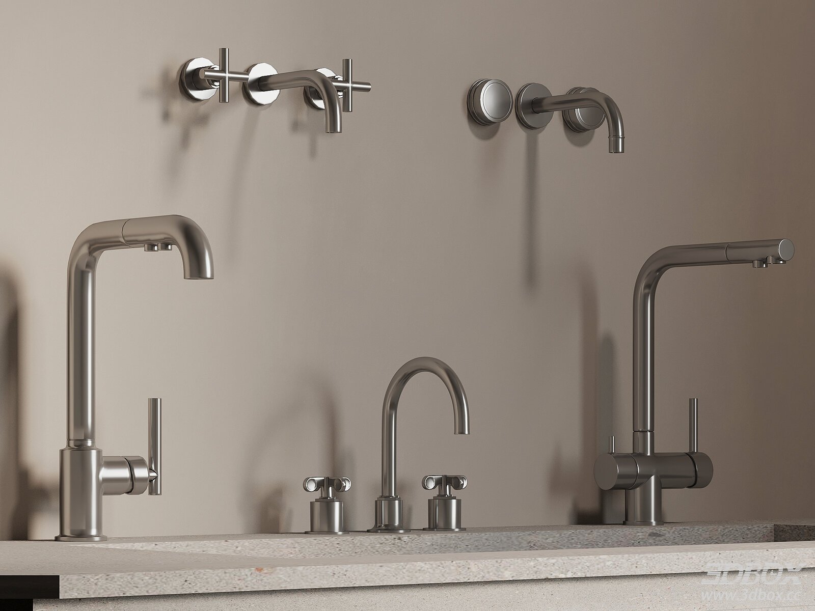 Modern Stainless Steel Bathroom Kitchen Faucet Set 3D model - front view