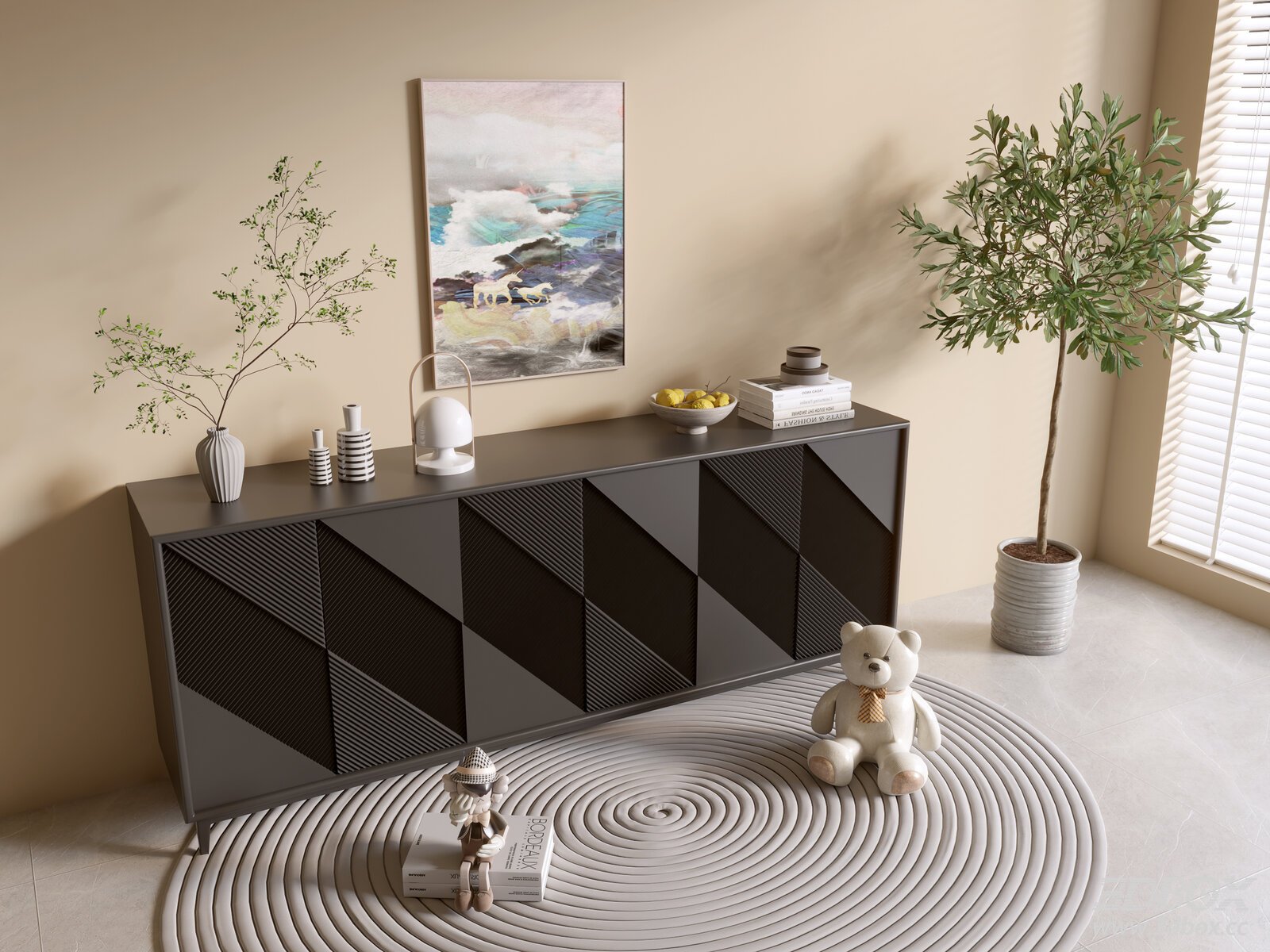 Modern Geometric Black Sideboard Storage Cabinet Set 3D model - front view