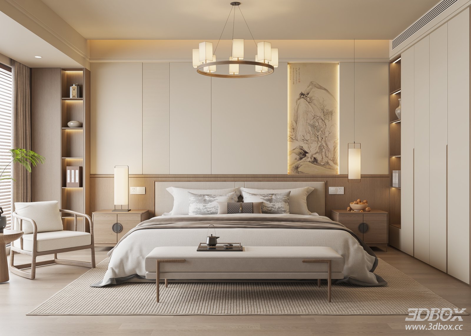 Modern Song Style Bedroom Interior Scene 3D model - front view