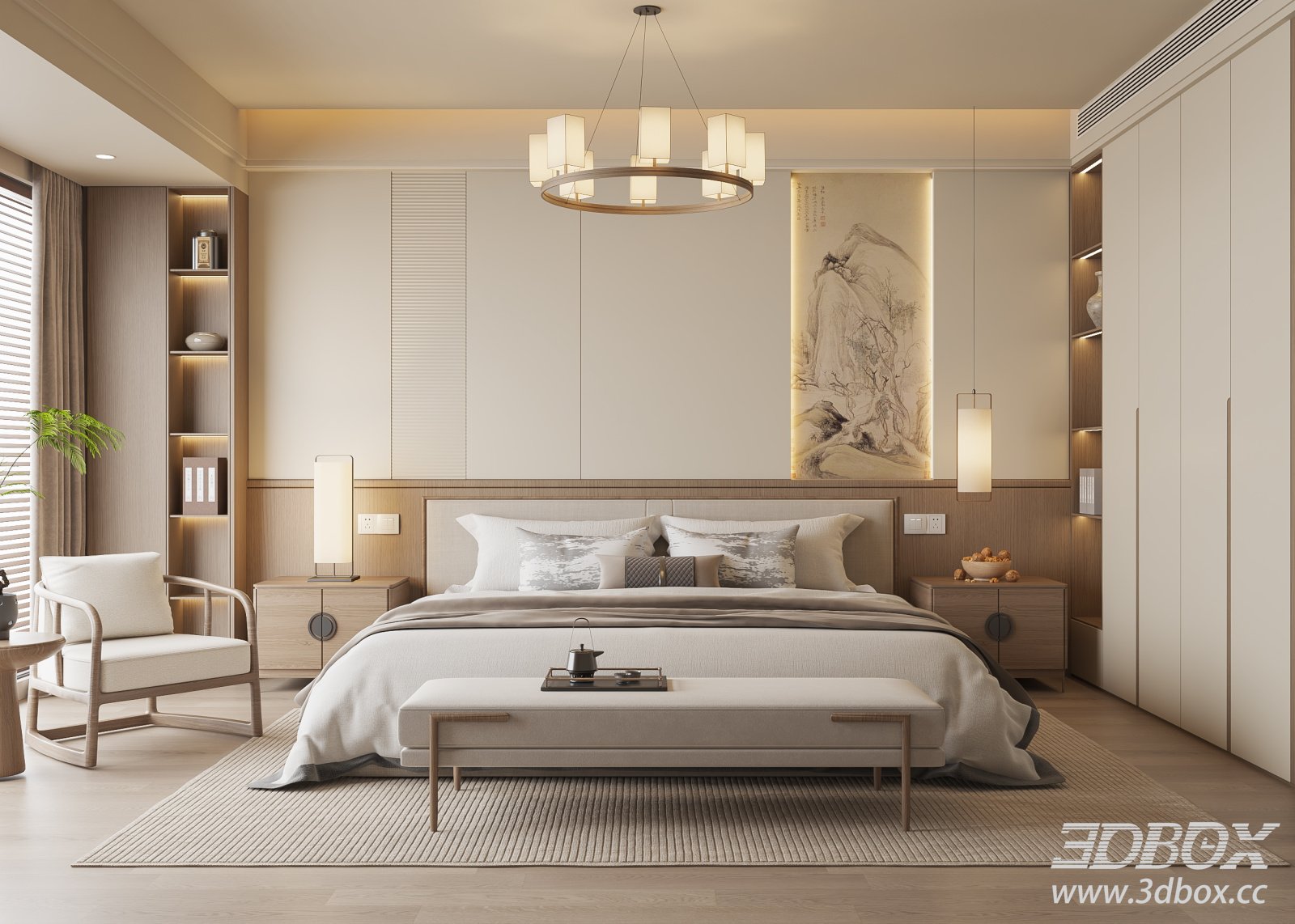 Modern Song Style Bedroom Interior Scene 3D model - thumbnail 1
