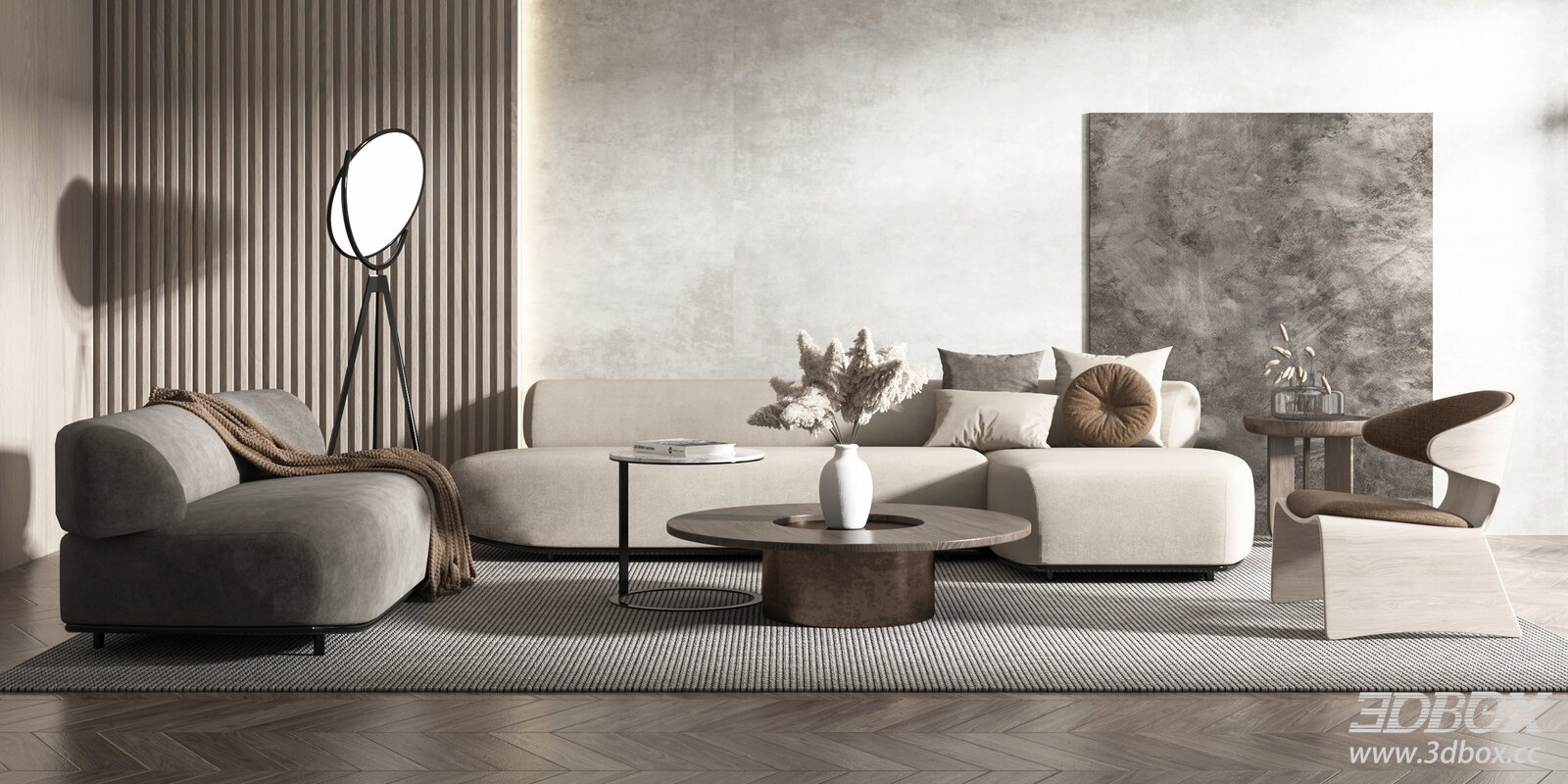 Modern Minimalist Living Room Sofa and Coffee Table Set 3D model - front view