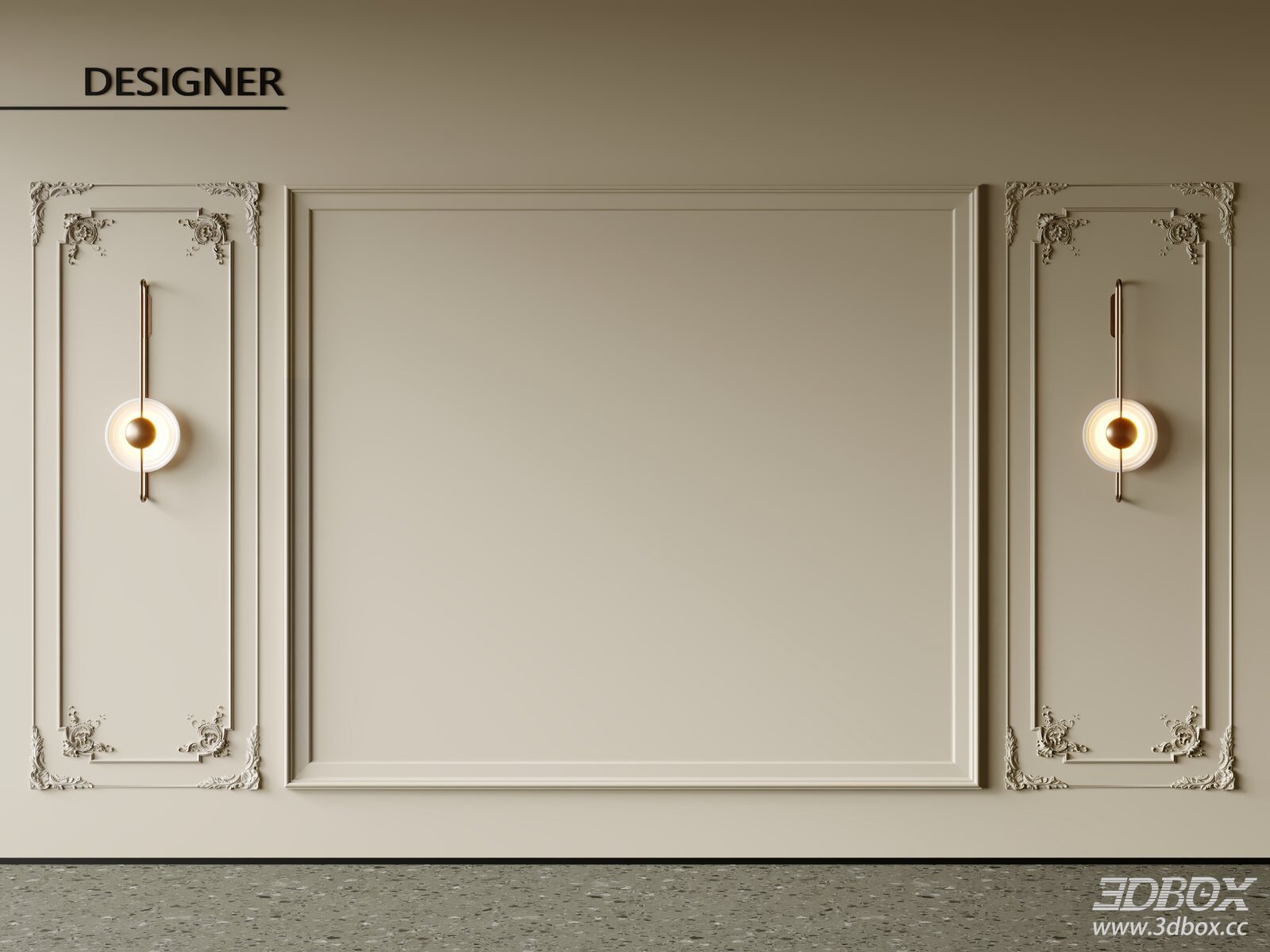 French Style Decorative Plaster Wall Panel with Wall Sconces 3D model - front view