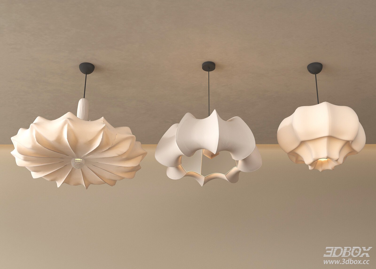 Wabi Sabi Style Fabric Shade Ceiling Pendant Lamps Set 3D model - front view