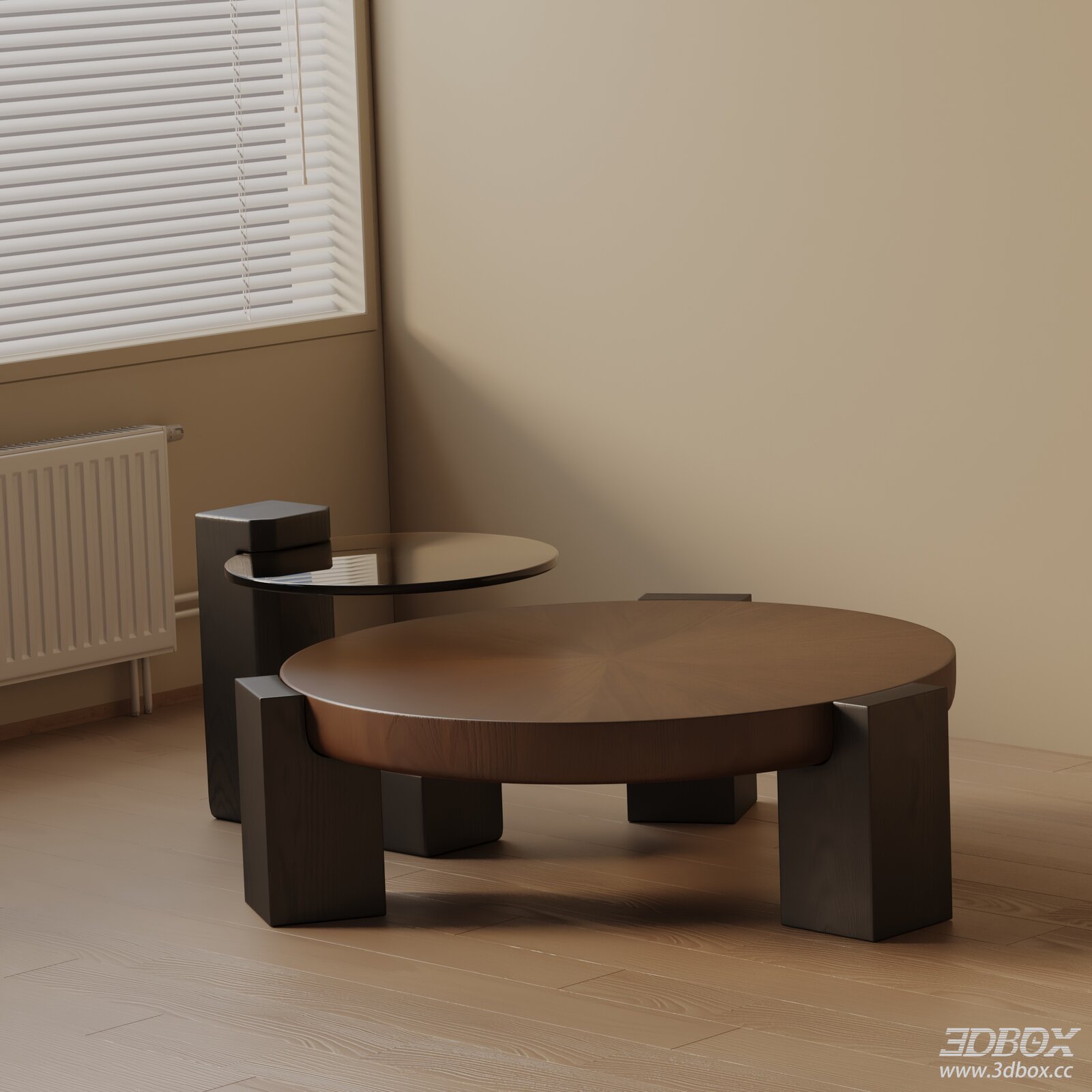 Modern Round Wooden Coffee Table Set 3D model - front view
