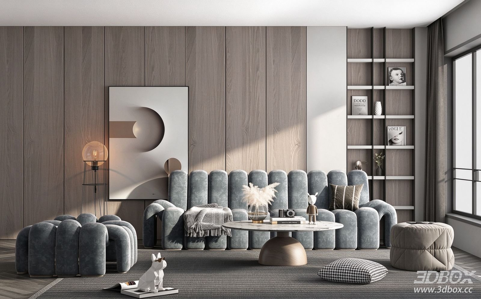 Modern Luxury Living Room with Velvet Sofa and Marble Coffee Table 3D model - front view