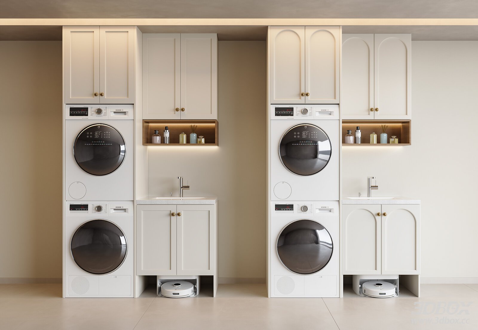 French Vintage Balcony Laundry Cabinet with Washer Dryer Set 3D model - front view