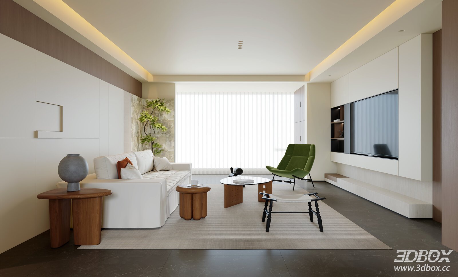 Modern Mid-Century Style Living Room Interior Scene 3D model - front view